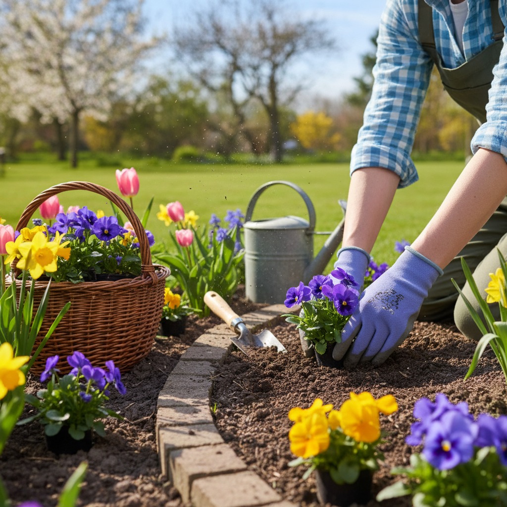 A gardner planting spring flowers in a flower bed